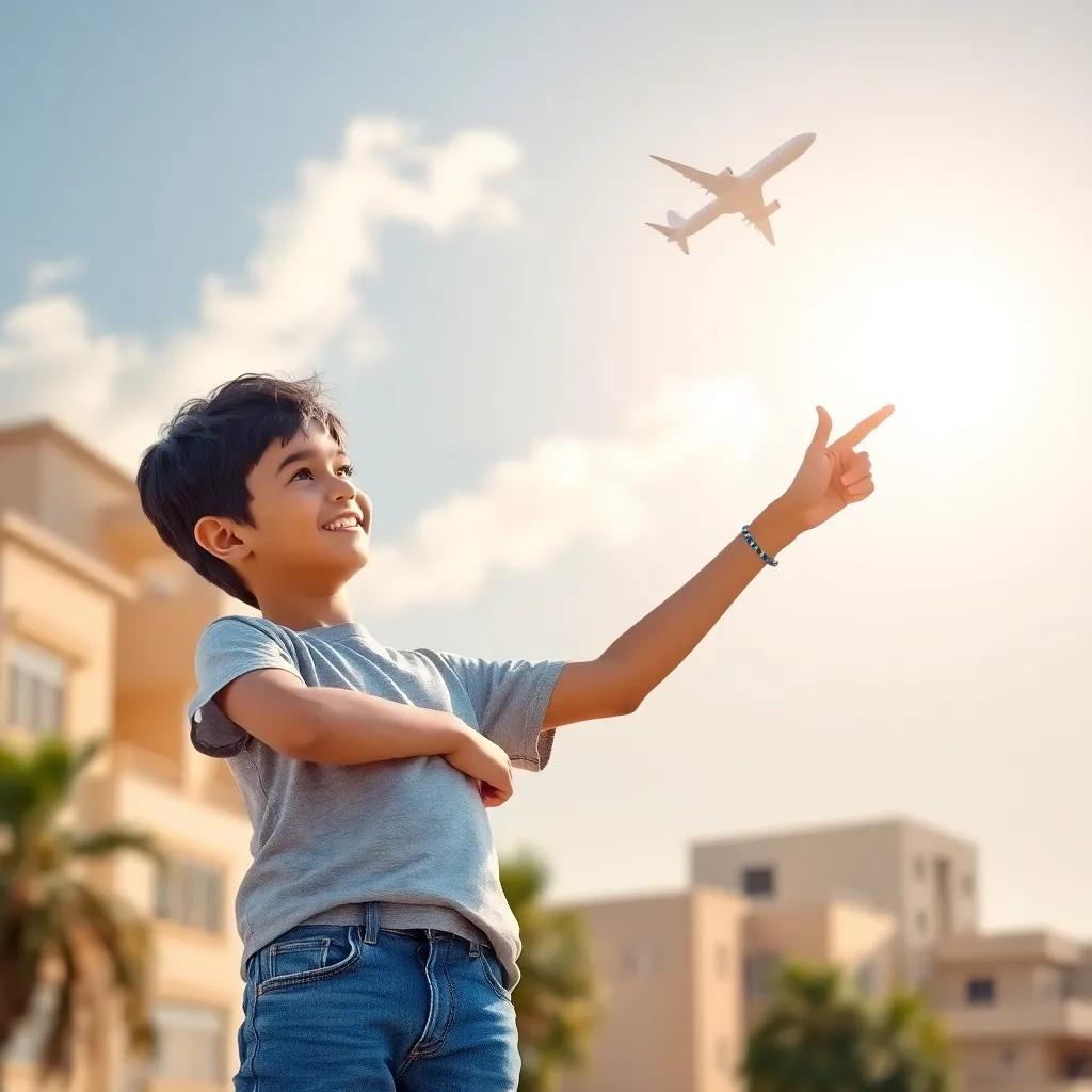 A young Arab boy, Sami, with short black hair in a t-shirt and jeans, standing confidently with a big grin as he points to a plane flying above, under a bright sun, cheerful colors, hopeful outlook, storytelling view