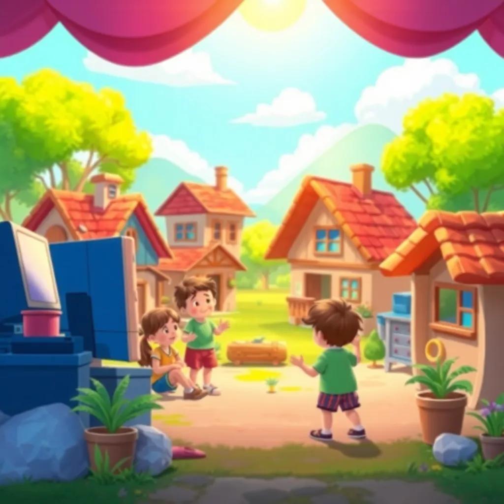 A small village scene with children playing and discussing in front of a big computer, colorful and cheerful atmosphere, digital art, bright sunlight, inviting colors, detailed illustration, high quality