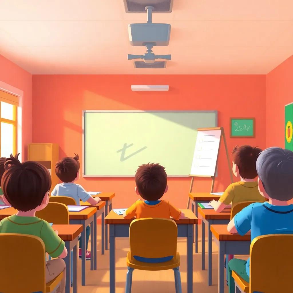 A classroom with a teacher pointing at a whiteboard, children sitting at their desks, listening attentively, warm lighting, engaging and vibrant, illustration, educational theme, high quality