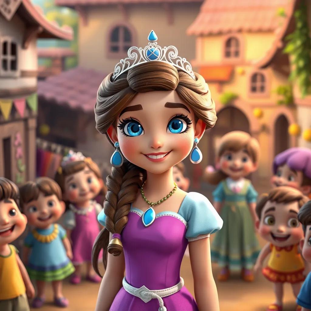 A beautiful princess, Layla, with bright blue eyes and a radiant smile, standing in a vibrant village surrounded by happy children, digital art, cheerful tones, joyful atmosphere, high quality