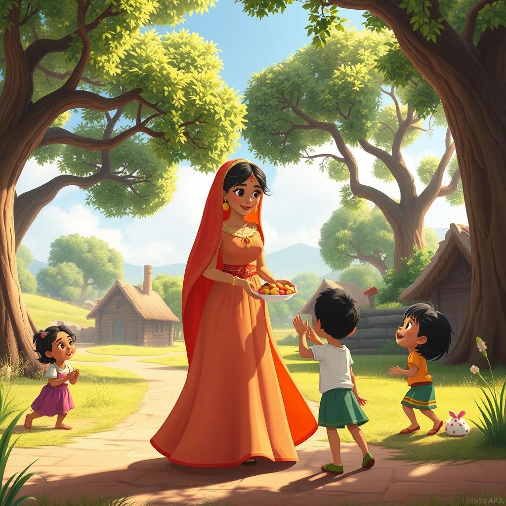 Layla, the kind princess, with a flowing dress, on a sunny day in the village, giving food to children playing under large trees, illustration, bright colors, warm and friendly, high quality