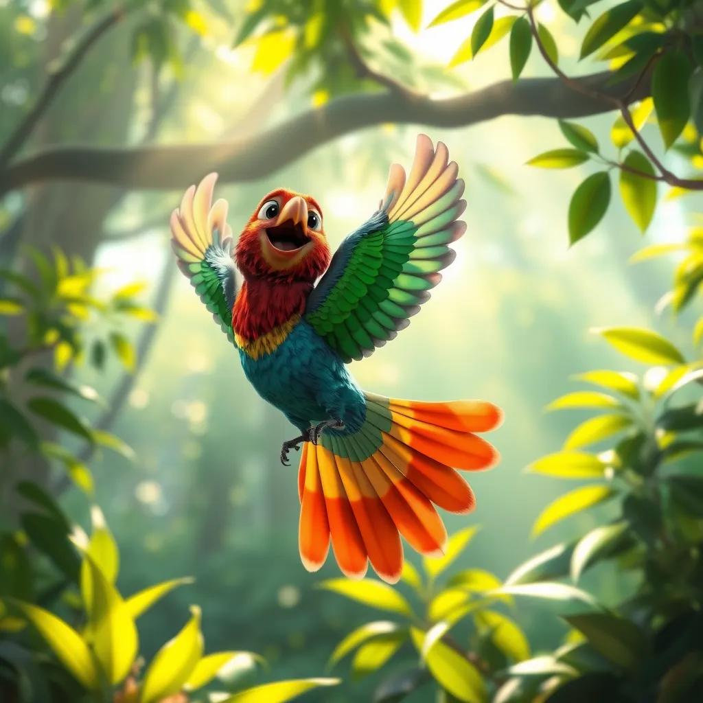 A colorful bird, freed by Layla, flying joyfully in a lush green forest, with rays of sunlight breaking through the leaves, representing freedom, digital painting, vivid colors, uplifting scene
