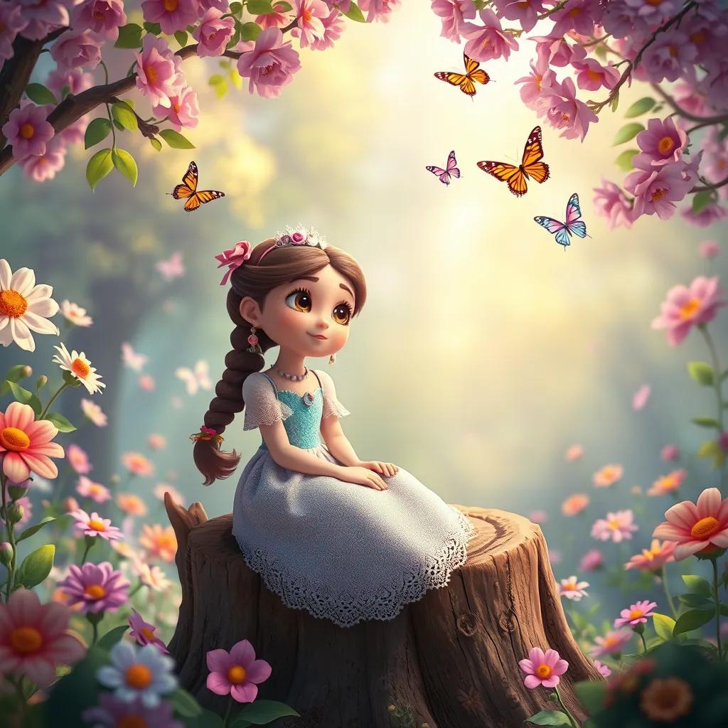 Layla, a kind princess, sitting on a tree stump, thinking about her wish, surrounded by colorful flowers and butterflies, magical atmosphere, dreamy, high quality