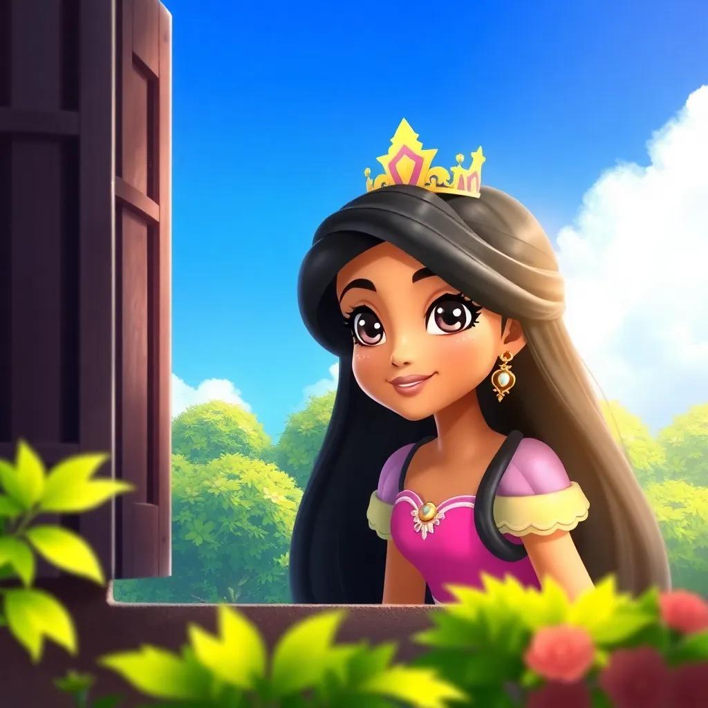 A beautiful princess, Muniya, with long black hair and sparkling eyes looking out of her castle window, surrounded by lush green trees and a bright blue sky, digital art, fantasy, vibrant colors, cheerful atmosphere, high quality