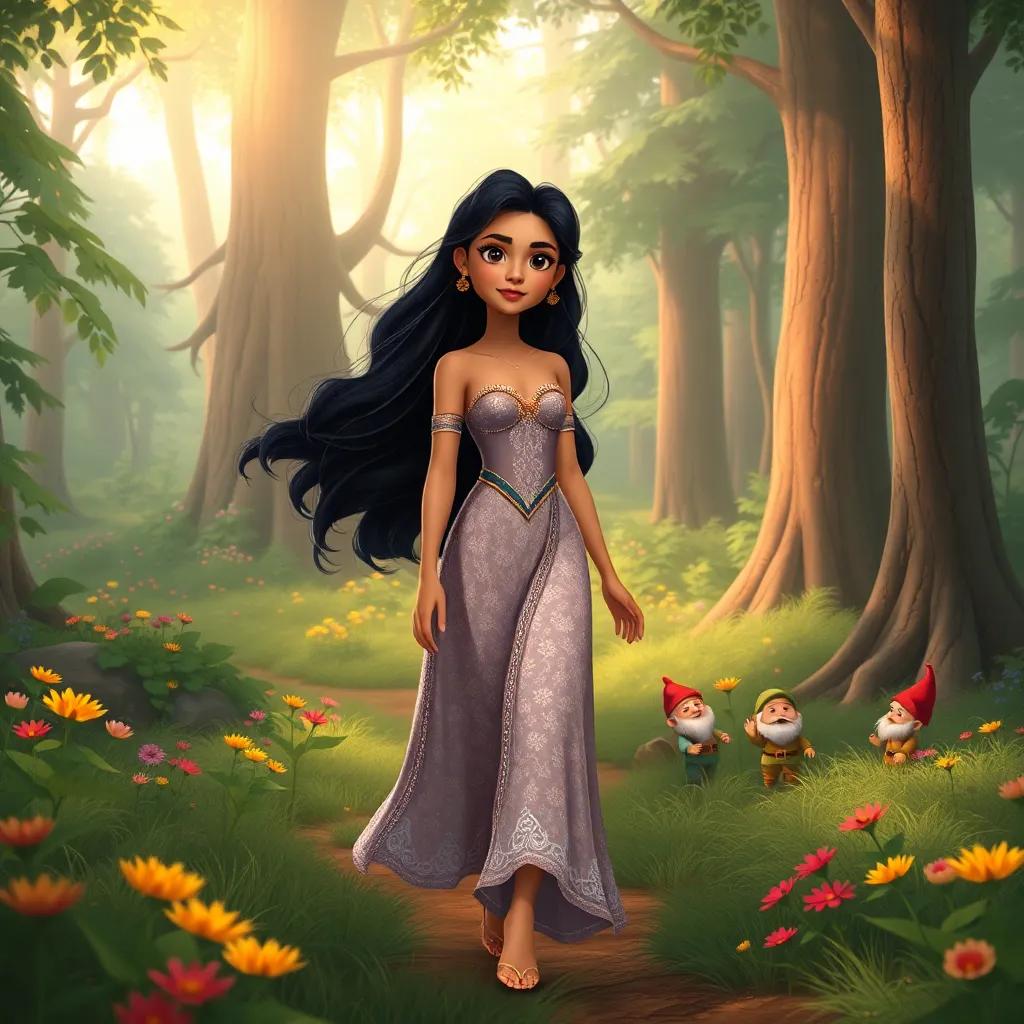 Muniya, the beautiful princess, with long black hair, wearing a shimmering dress, walking through a dense forest with small dwarfs, colorful flowers and tall trees, illustration, adventure-themed, warm light, enchanting scenery, high quality