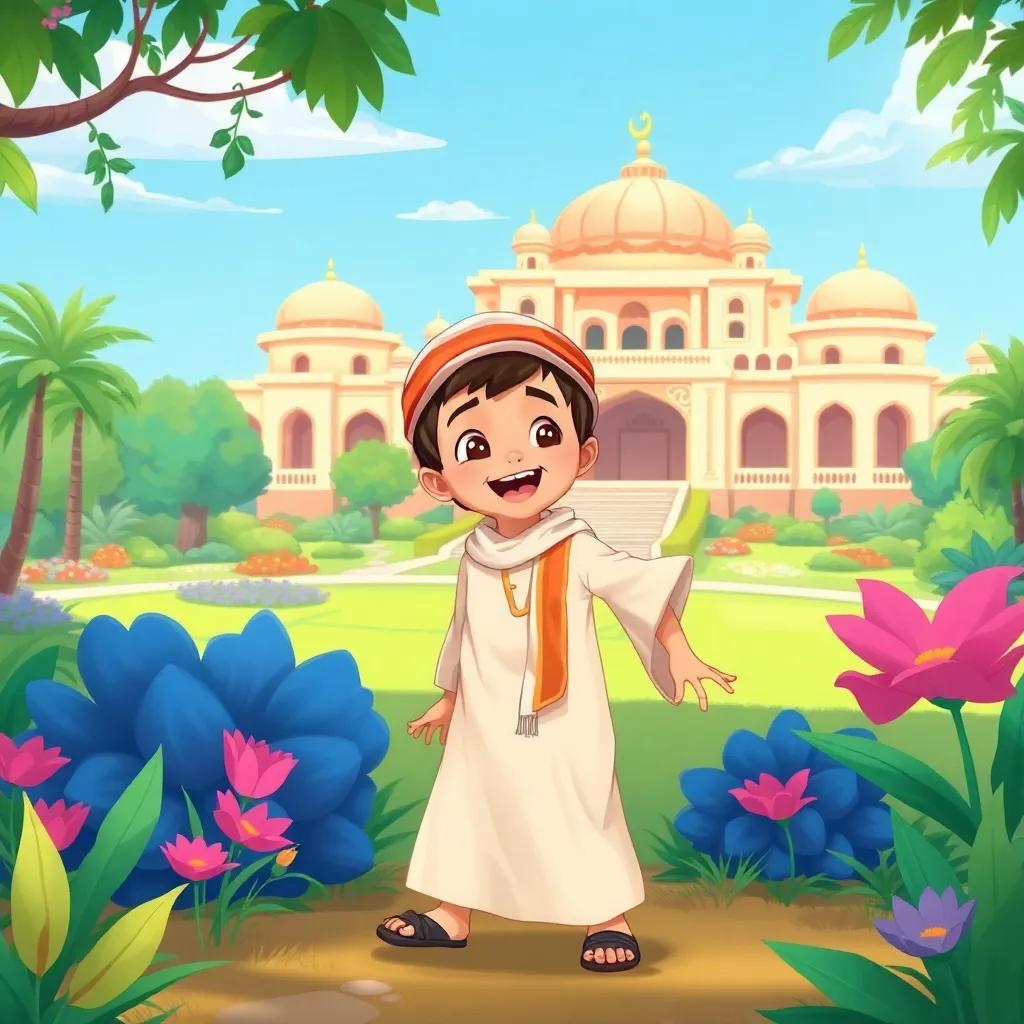 A young Omani boy, سعيد, wearing a traditional dishdasha and a kumma, playing in a lush garden with a beautiful palace in the background, expressing excitement and curiosity, digital art, vibrant colors, cheerful atmosphere, high quality