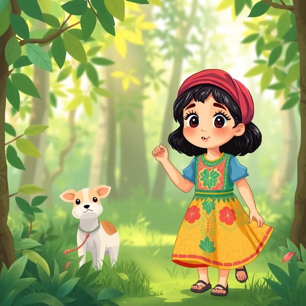 A young Omani girl, ليلى, wearing a colorful traditional dress, walking through a green forest with سعيد, both looking surprised and curious, with sunlight filtering through the leaves, illustration, bright colors, adventurous mood, child-friendly
