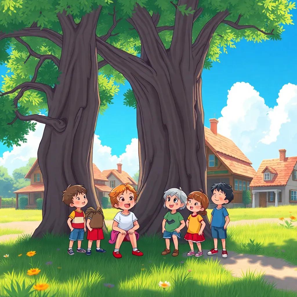 A sunny village scene with children sitting around a big tree, expressing curiosity and excitement, digital art, bright colors, cheerful atmosphere, high quality