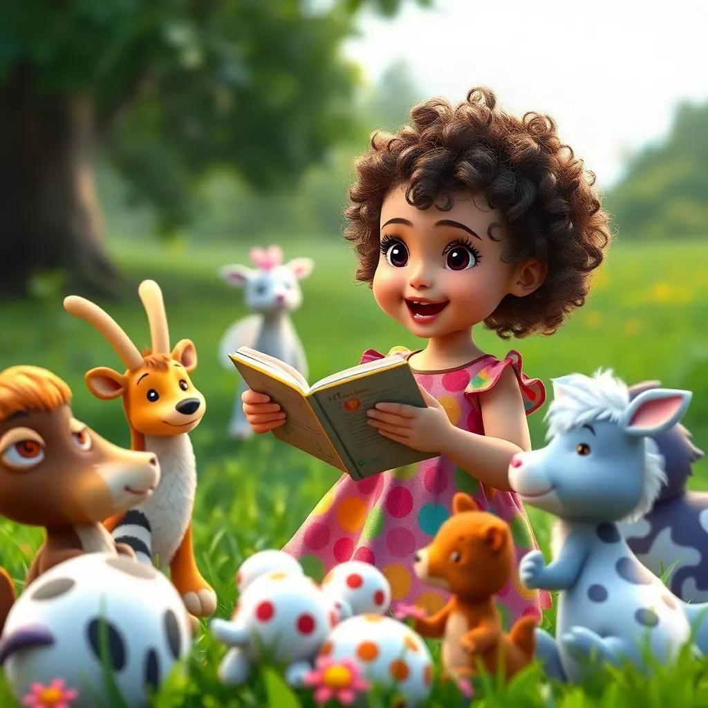 A little girl, Leila, with curly hair and wearing a colorful dress, excitedly telling a story to her friends, surrounded by animated animals, storytelling in a green meadow, vibrant, imaginative, child-friendly, high quality