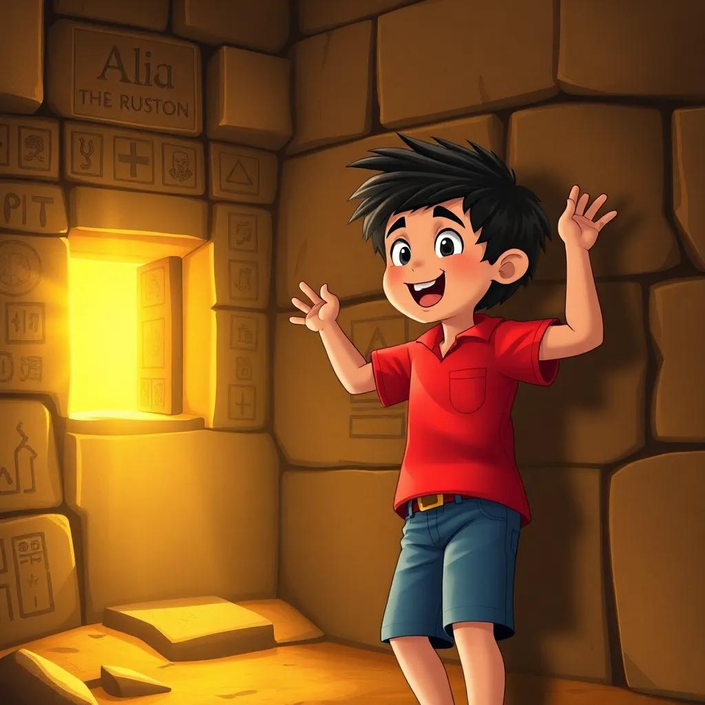 Ali, a young Arab boy with short black hair, wearing a bright red shirt and denim shorts, excitedly discovering a small door in the side of a pyramid, golden light coming from the doorway, surrounded by ancient symbols and hieroglyphs, illustration, adventurous, magical, child-friendly