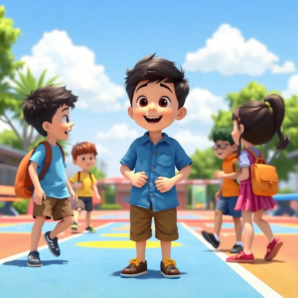 A brave boy, Faris, wearing a blue shirt and brown shorts, enthusiastically talking to his friends at a school playground under sunny skies, bright colors, joyful atmosphere, high quality