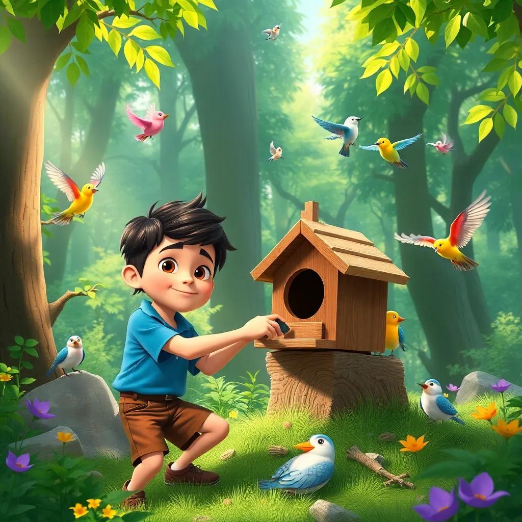 Faris, a brave boy in a blue shirt and brown shorts, building a birdhouse with his friends in a lush green forest, colorful birds flying, cheerful sunlight filtering through the trees, child-friendly, vibrant scene