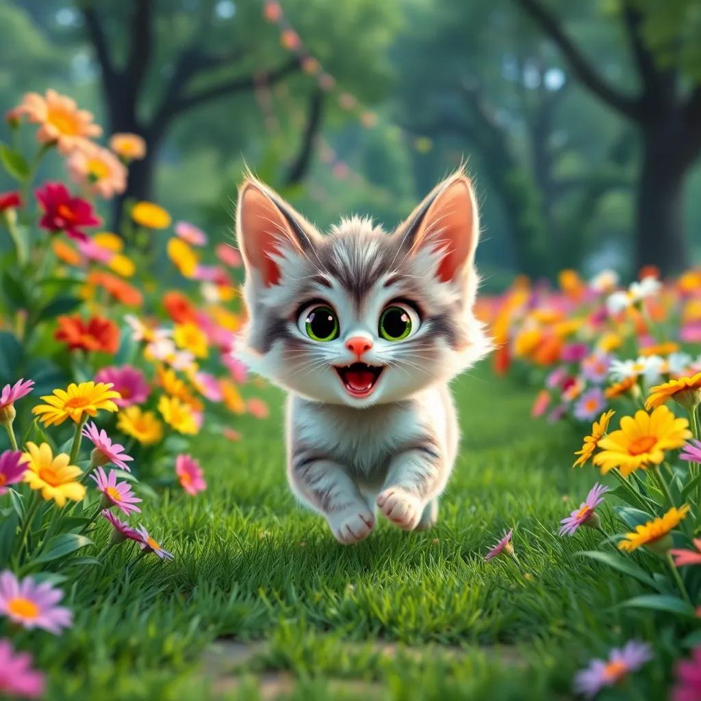 A small cat named Lulu, with fluffy fur and big curious eyes, playfully running in a green park filled with colorful flowers, cheerful atmosphere, digital art, bright colors, lively perspective, high quality