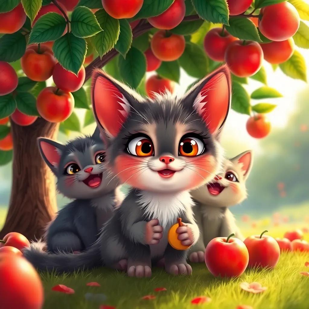A small cat named Lulu, with fluffy fur and big eyes, sitting under a colorful apple tree with her friends, looking happy and excited as they pick apples together, joyful scene, warm light, vibrant colors, storytelling view, high quality