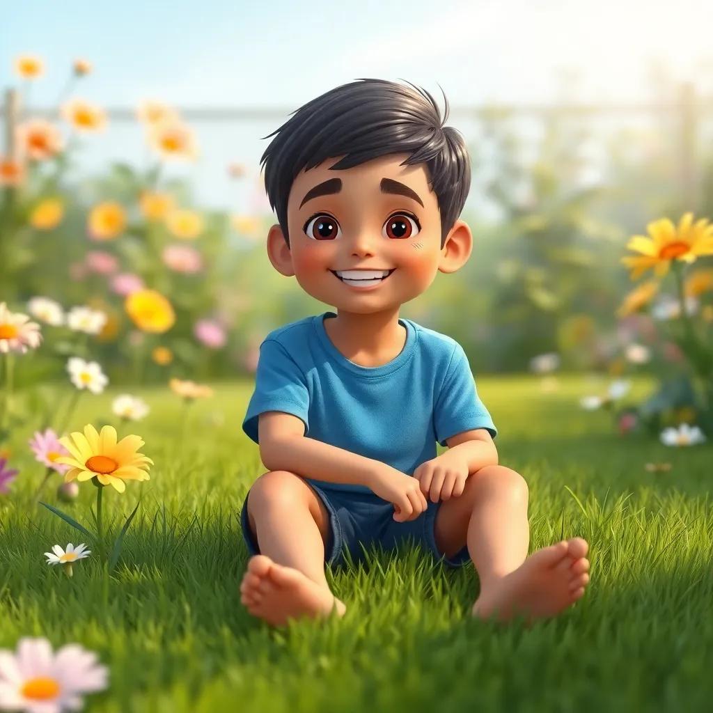 A young Arab boy, فارس, with short black hair, wearing a blue t-shirt and shorts, sitting on green grass in a sunny garden with flowers around, smiling, cheerful atmosphere, digital art, bright colors, invite playfulness, high quality
