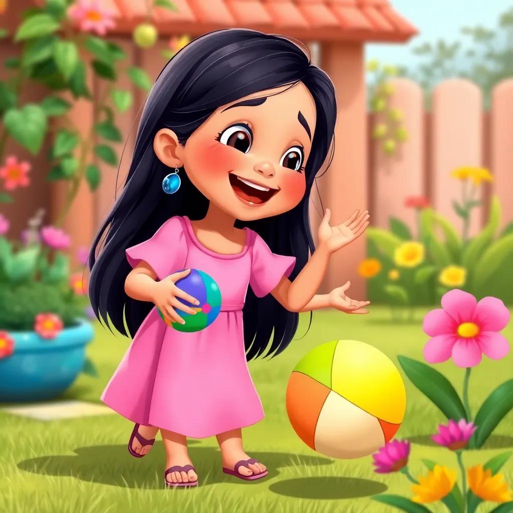 A young Arab girl, سارة, with long black hair, wearing a pink dress and playing with a colorful ball in a garden, laughter in the air, cheerful and friendly, digital illustration, vibrant colors, joyful energy, high quality