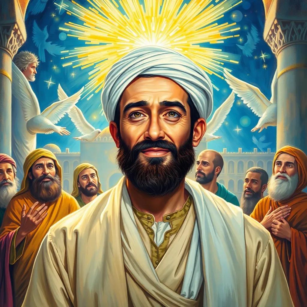 The Prophet Muhammad, a kind-faced Middle Eastern man, dressed in a light robe, meeting angels at Al-Aqsa Mosque, beautiful lights, surrounded by other prophets, vibrant colors, joyful expressions, high quality