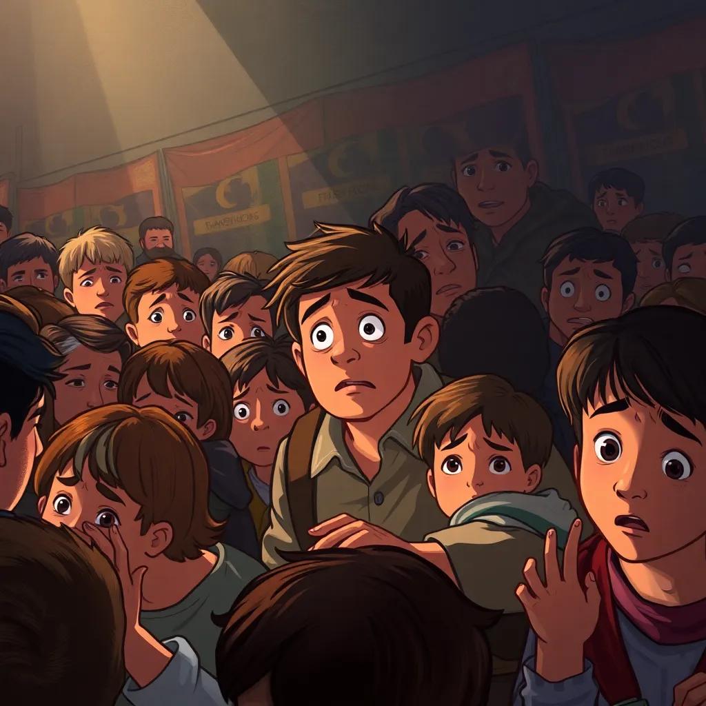 A scene of a crowded gathering with distressed people, showcasing a father searching for his son among the crowd, worried expression, dramatic lighting, emotional atmosphere, digital art, vivid details, high quality