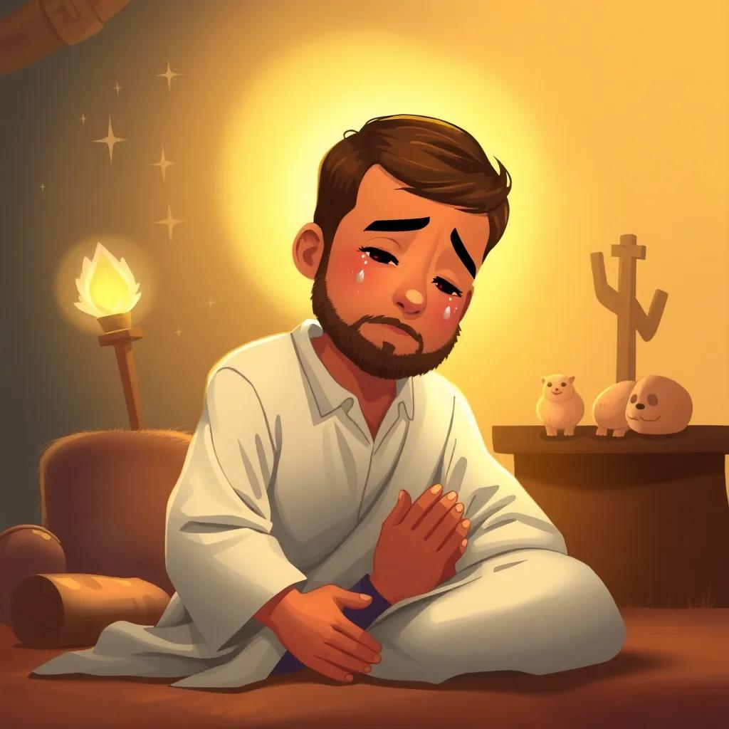 A father kneeling in prayer with tears in his eyes, a divine light illuminating his face, surrounded by symbols of hope and forgiveness, soft warm glow, heartfelt scene, realistic digital painting, heartfelt, uplifting