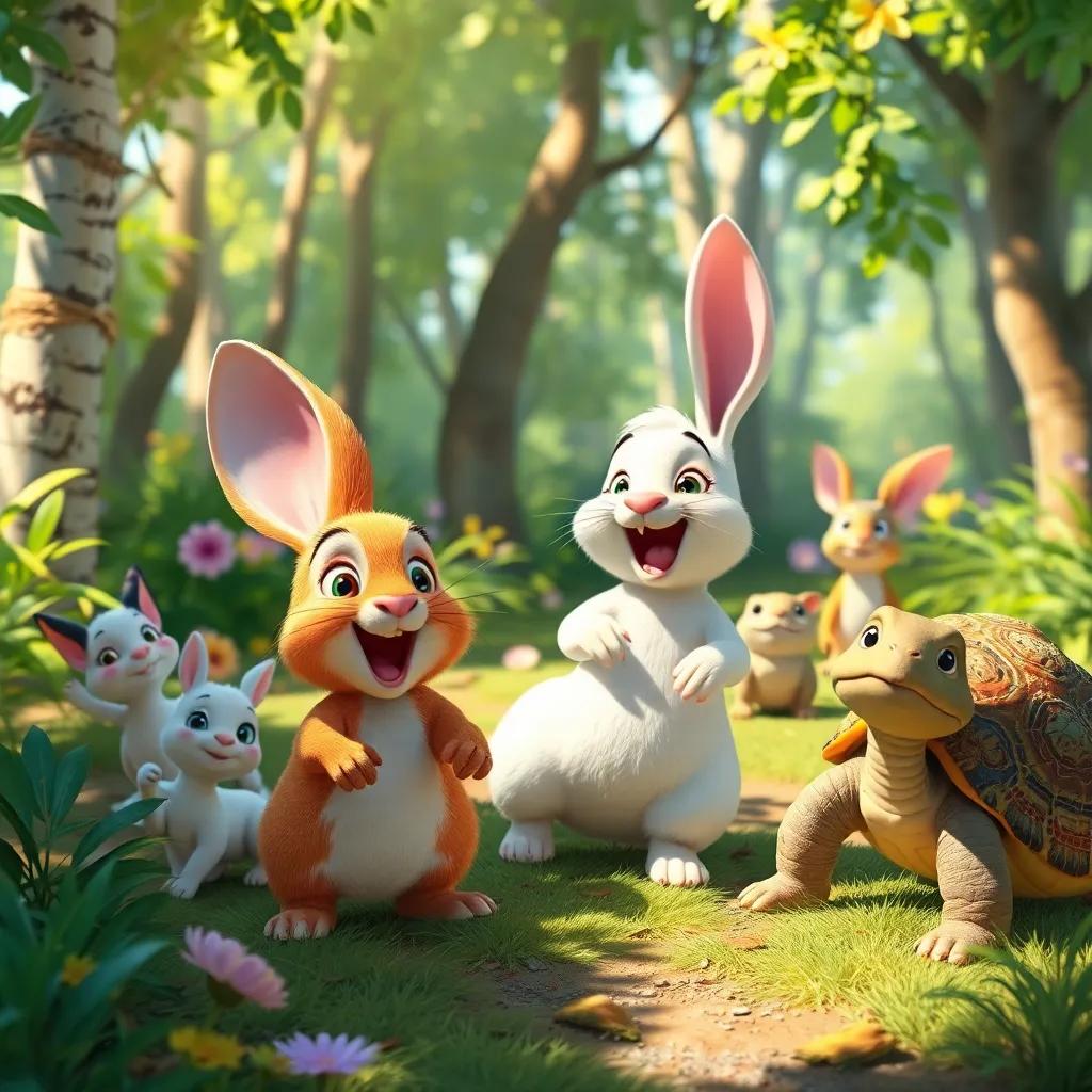 A sunny forest with various animals playing together, a small rabbit shouting joyfully, a turtle looking wise, vibrant colors, cheerful atmosphere, lively scene, digital art