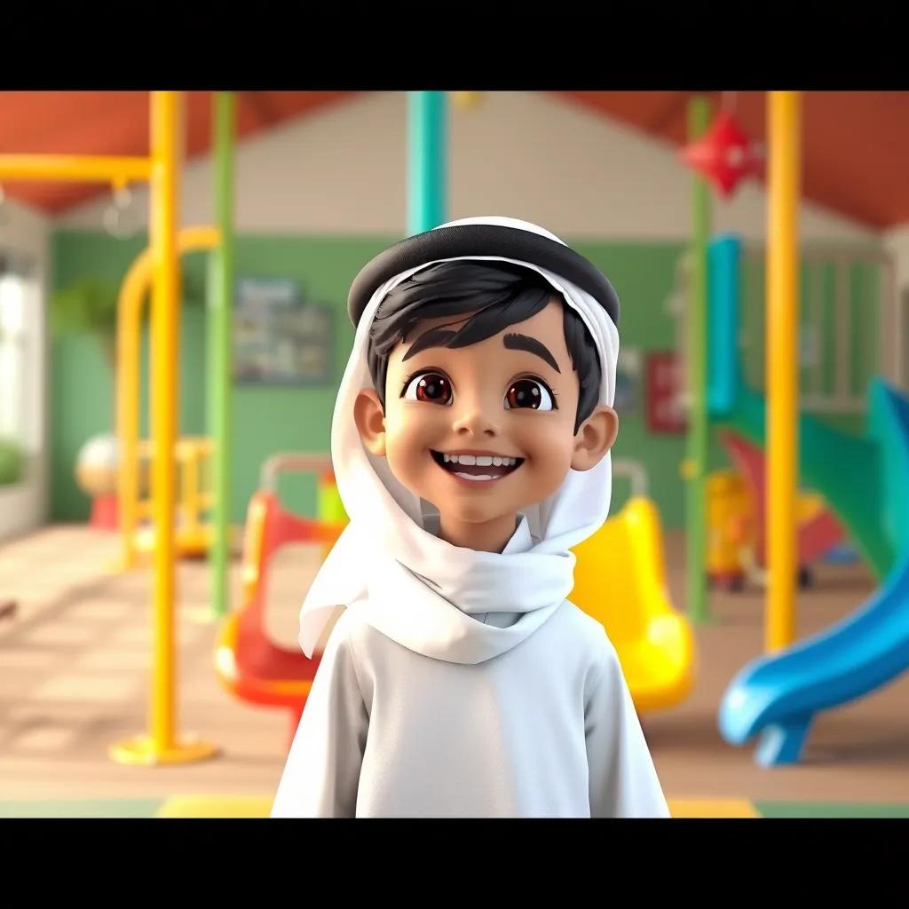 A young Emirati boy, Ali, with dark hair, wearing a white kandora, smiling while playing in a school playground, with colorful swings and slides in the background, digital art, cheerful colors, inviting atmosphere, high quality
