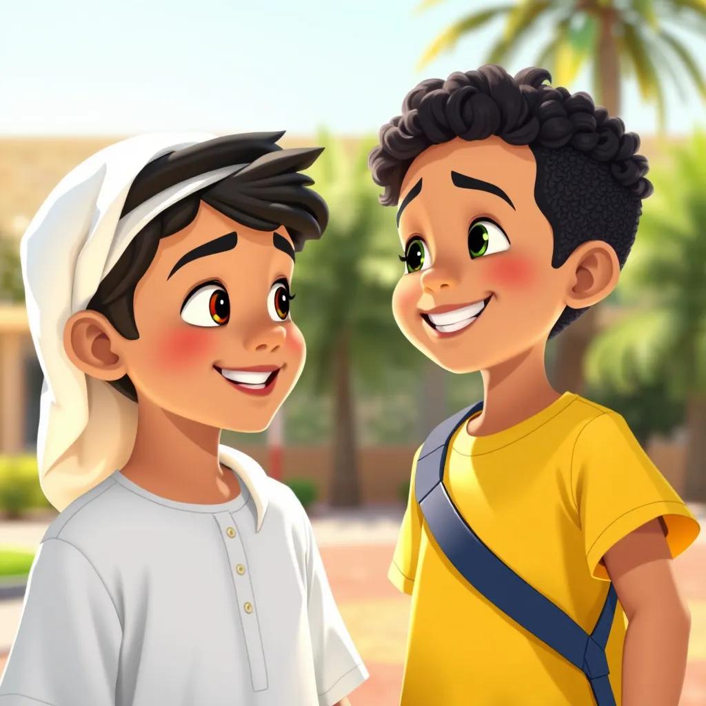 A young Emirati boy, Ali, with dark hair, wearing a white kandora, talking to another boy, Saeed, who has dark curly hair wearing a yellow t-shirt, at the school playground with smiles, bright sunlight, vibrant colors, friendly perspective, high quality