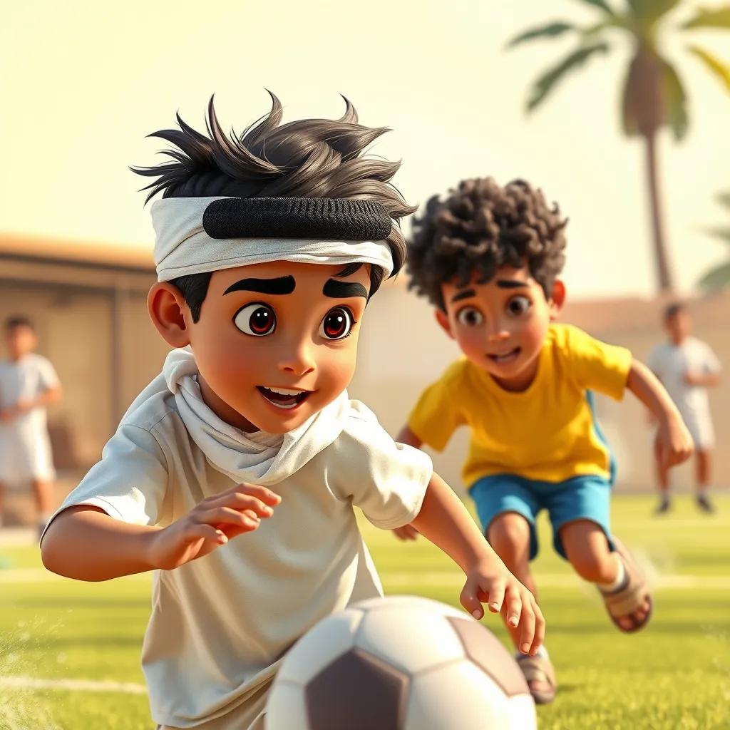 A young Emirati boy, Ali, with dark hair in a white kandora, and Saeed, with dark curly hair wearing a yellow t-shirt, playing a game of soccer, energetic atmosphere, sunny day, vivid colors, action perspective, high quality