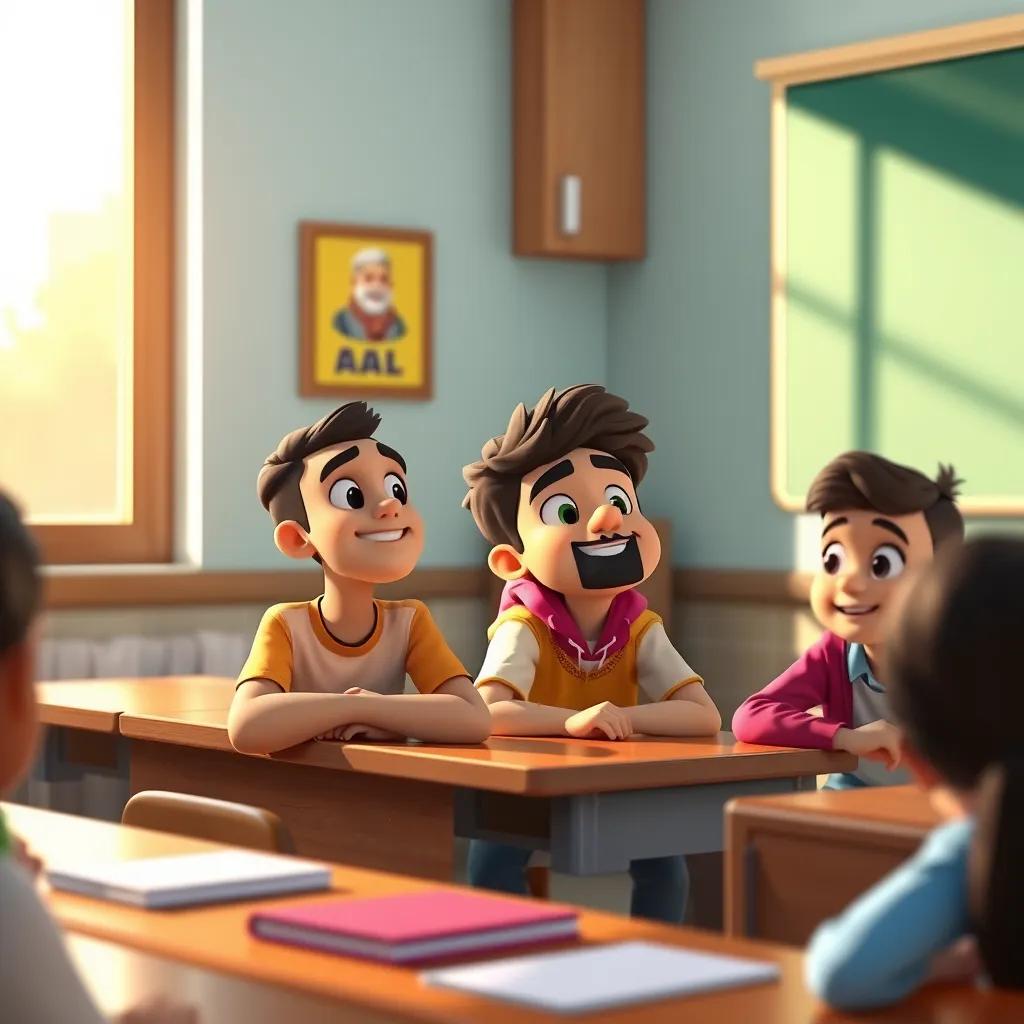 A classroom scene where students are listening to their teacher, with Ali and Saeed attentively looking at the board, the teacher is smiling, warm sunlight coming through the window, cheerful colors, focused atmosphere, high quality