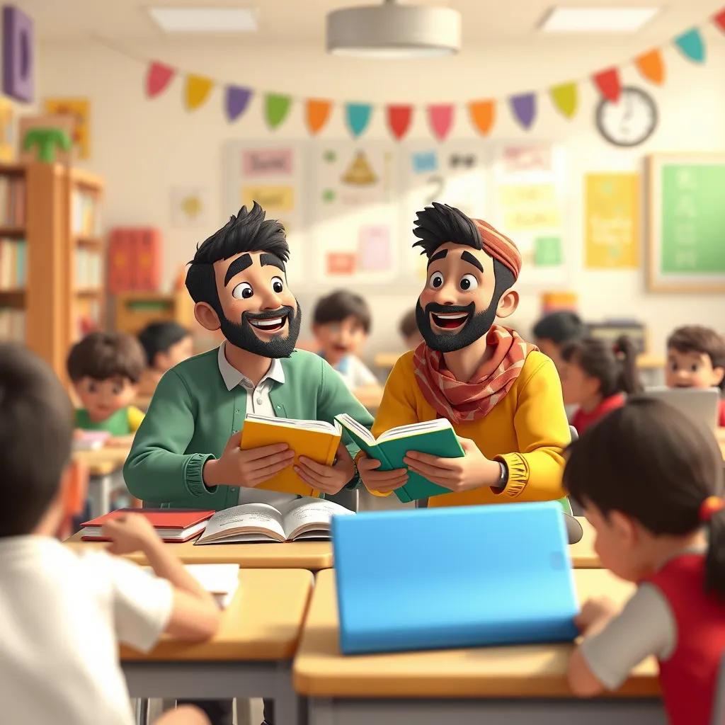 Ali and Saeed, sitting together at a desk, sharing books and smiling, with classmates around them, happy classroom environment, colorful decorations, joyful atmosphere, high quality