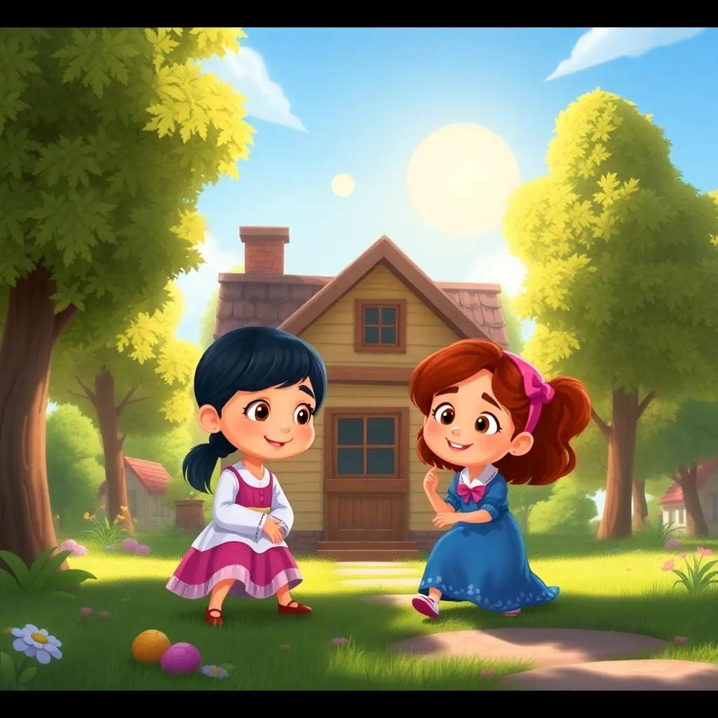 A small house surrounded by trees, a sunny day, two sisters Rudi and Malak playing together, feeling mixed emotions, vibrant atmosphere, cheerful, joyful, child-friendly
