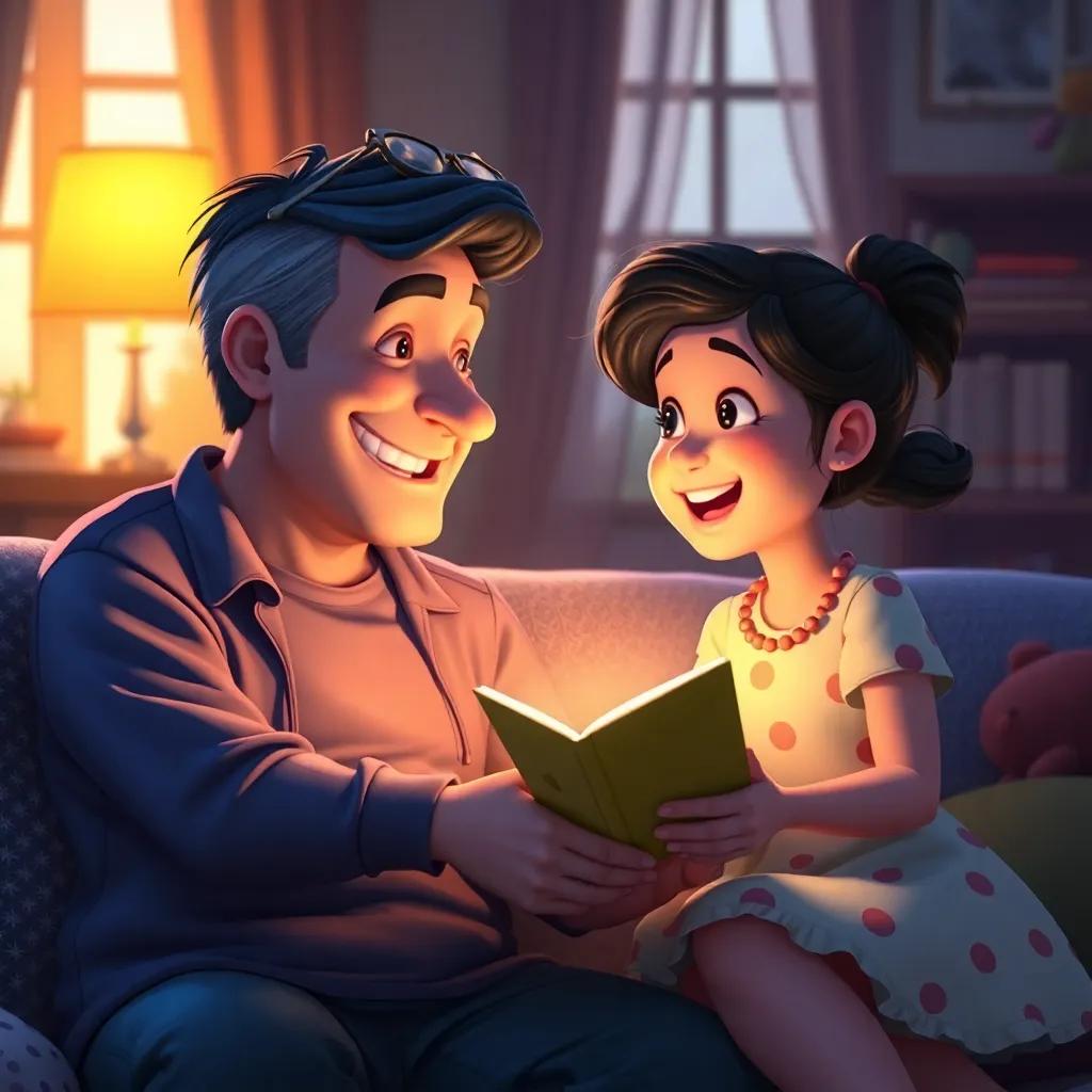 Rudi sitting with her father, smiling and listening to a funny story, warm light, homey atmosphere, happy family moment, digital art, colorful scene
