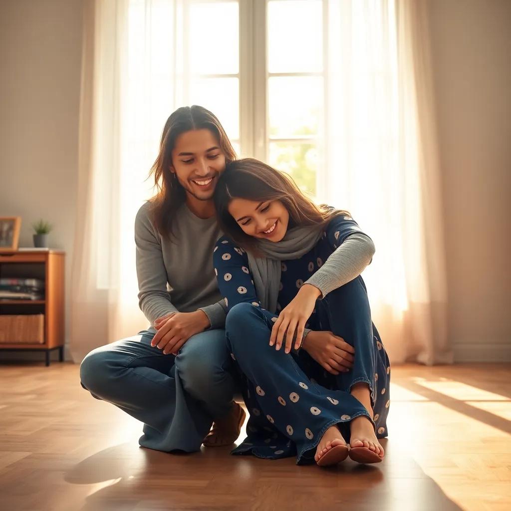 A happy couple, Amine and Tarek, sitting in a bright room, Amine bowing down gently on the floor with her forehead touching the ground, the sun shining through the window, cheerful atmosphere, digital art, colorful, heartwarming scene, high quality