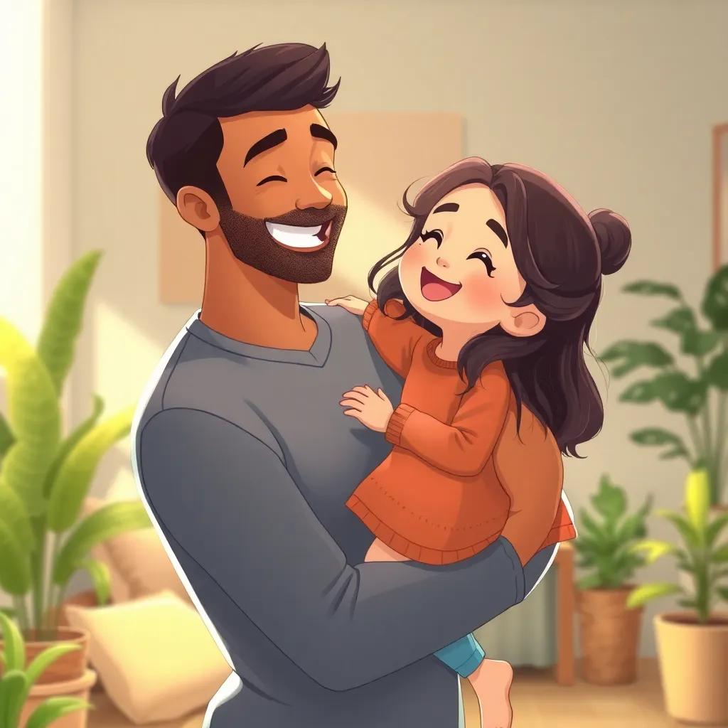 Tarek smiling at Amine lifting her up with a warm and loving expression, surrounded by an inviting room with plants and soft textures, cozy lighting, illustration, joyful interaction, kid-friendly