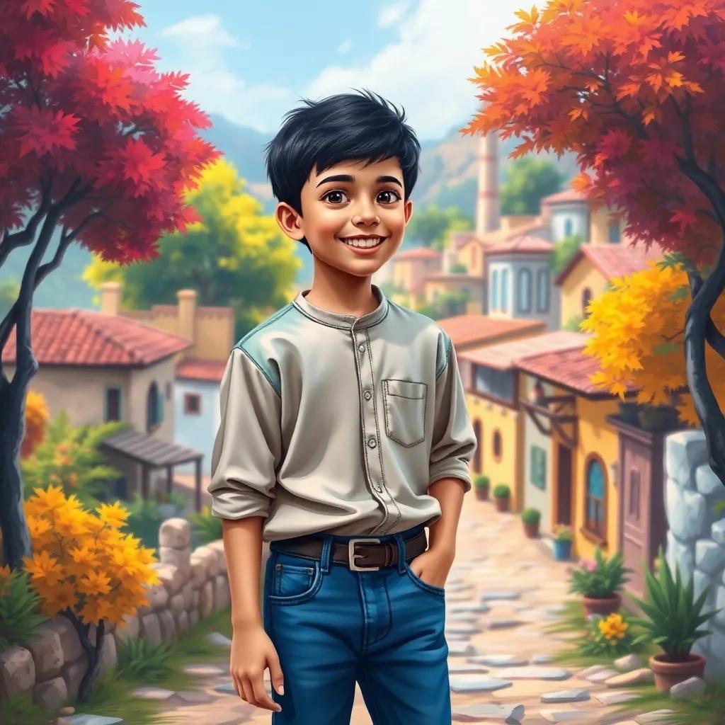 A young Arab boy, Sami, with short black hair, wearing a simple, colorful shirt and jeans, standing in front of a small village, smiling and talking to his friend, vibrant trees and houses around, cheerful atmosphere, digital art, bright colors, friendly perspective