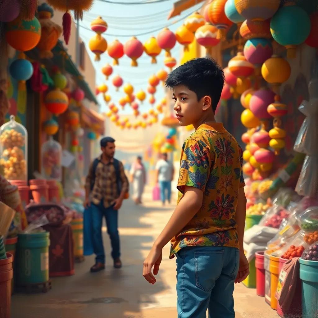 A young Arab boy, Sami, with short black hair, wearing a colorful shirt and jeans, walking towards a market filled with colorful decorations, with a sad neighbor in the background, warm light, dynamic scene, colorful shopping environment, digital painting, engaging composition