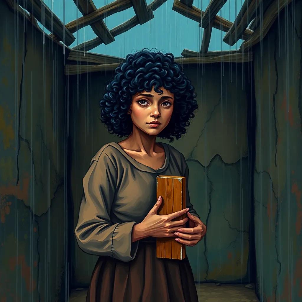 A poor woman with curly black hair, wearing a simple brown dress, holding a small wooden door, standing in a humble dwelling with no roof, under heavy rain, digital art, vibrant colors, emotional atmosphere, storytelling view, high quality