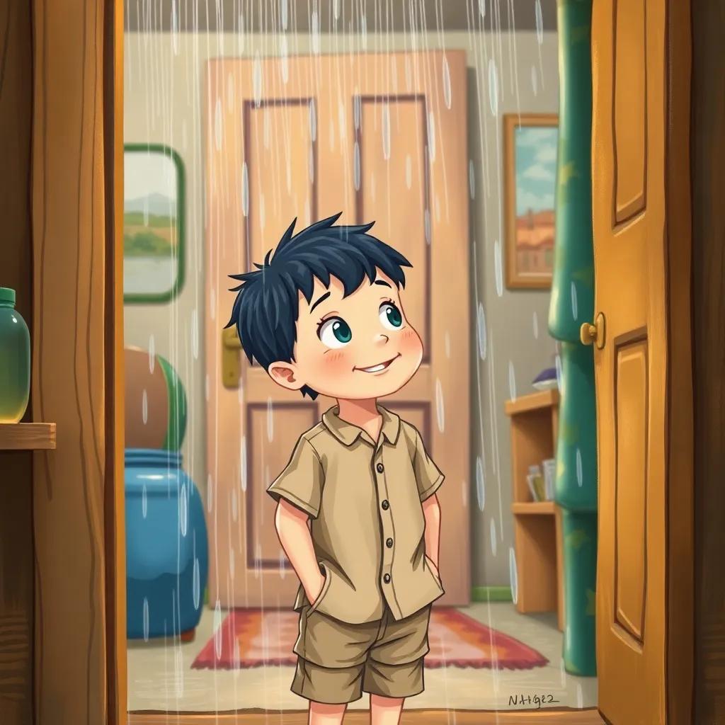 A young boy with dark hair, wearing a simple shirt and shorts, smiling and looking at the pouring rain with wonder, standing under a wooden door held up by his mother, in a cozy but modest home setting, child-friendly illustration, colorful, joyful mood, high quality
