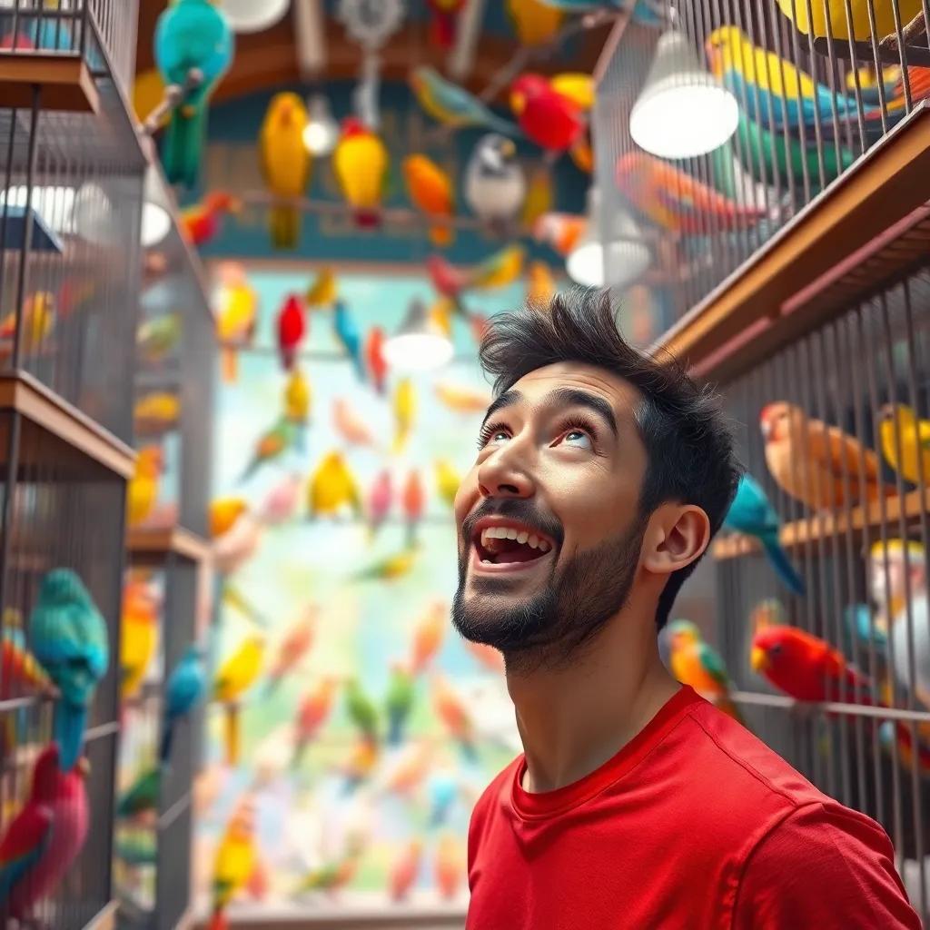 A man looking excited while entering a vibrant bird shop filled with colorful birds in cages, bright lights, vivid colors, cheerful atmosphere, high quality