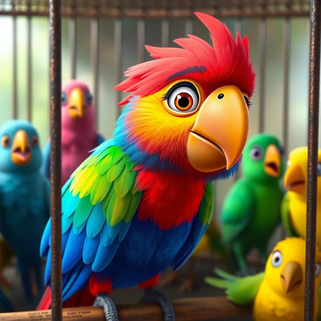 A colorful parrot with bright feathers, looking mischievous in a cage, with a worried expression, surrounded by other curious birds, illustration, child-friendly, engaging scene, high quality