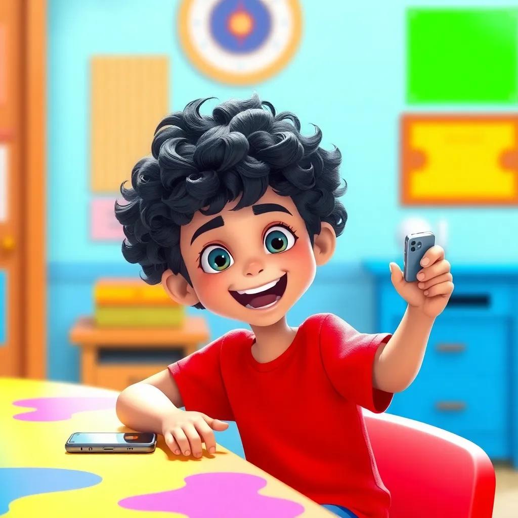 A young boy, Sami, with curly black hair, wearing a bright red t-shirt and blue shorts, energetic and excited, sitting at a colorful desk with a smartphone, detailed digital art, bright colors, joyful atmosphere, high quality