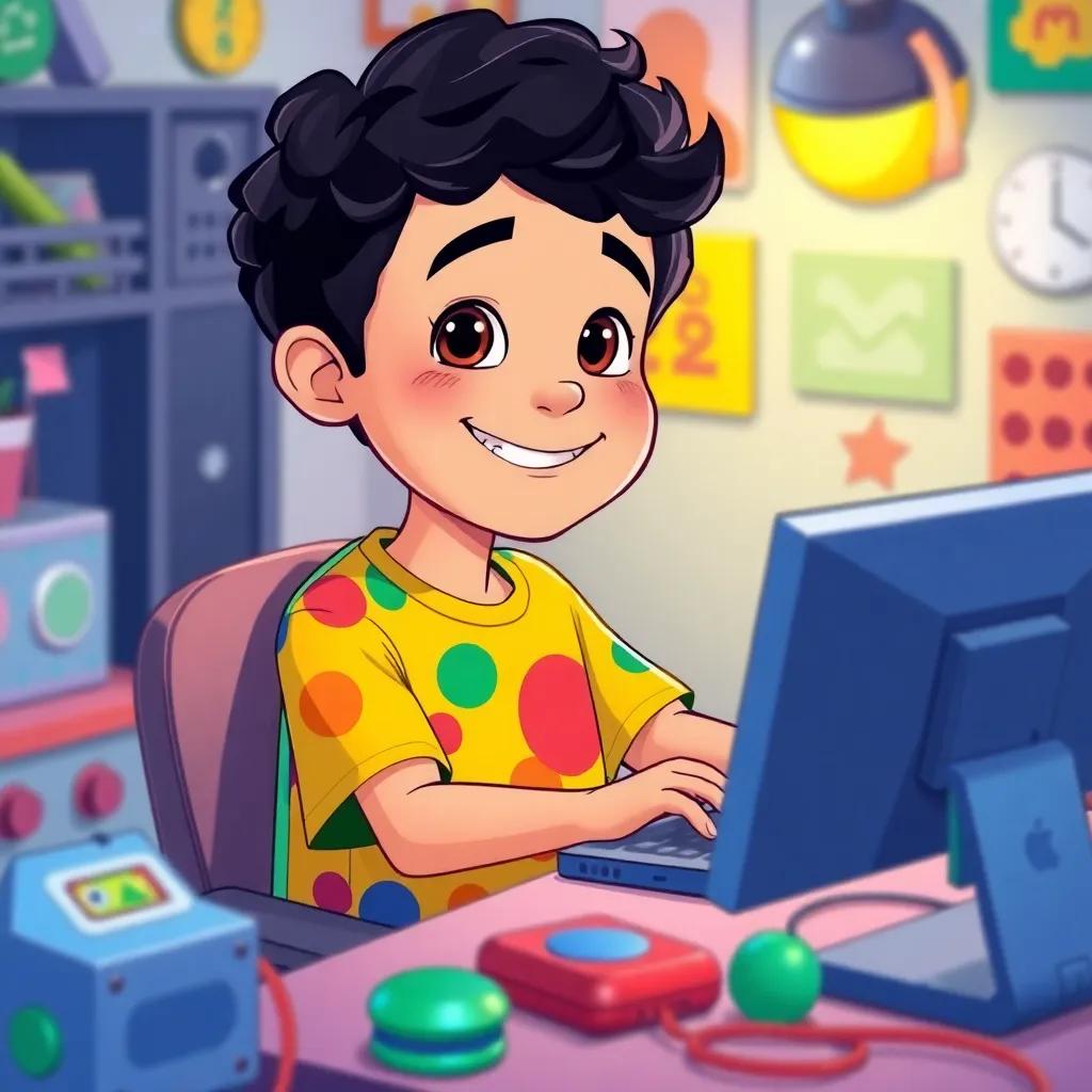 Sami, a young boy with curly black hair in a colorful t-shirt, sitting in front of a computer with a big smile, typing a message, surrounded by colorful gadgets and toys, illustration, cheerful, engaging environment, child-friendly