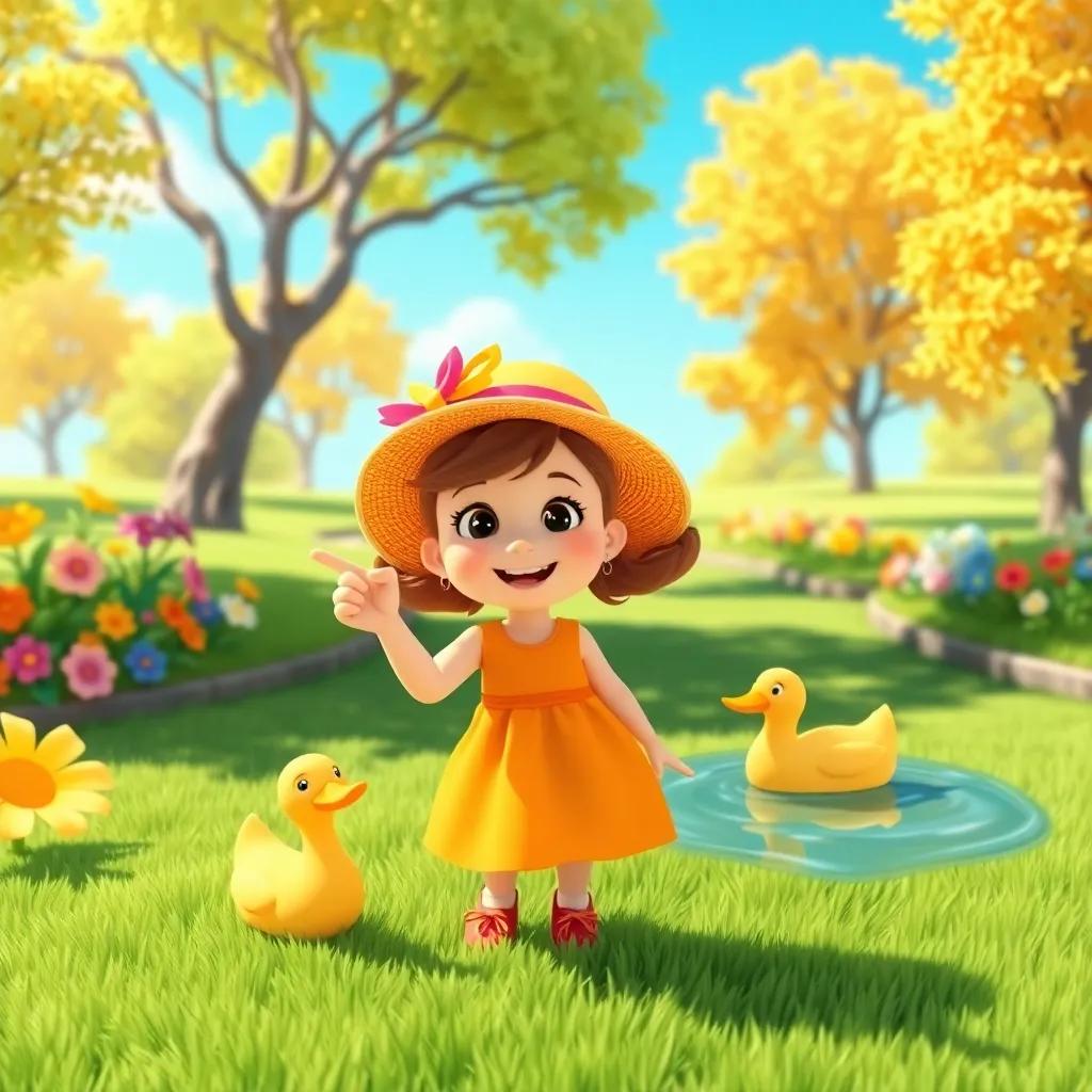 A sunny park with green grass and colorful flowers, a cheerful girl named Layla, wearing a bright dress and a hat, pointing excitedly at a small duck swimming, bright blue sky, happy atmosphere, playful scene, digital art, vibrant colors