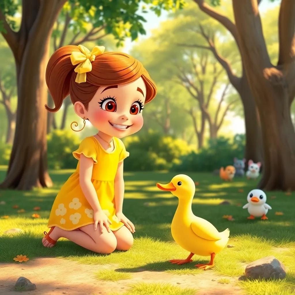 Layla, a cheerful girl in a bright dress, kneeling beside the small duck with determination, looking around the park, with trees and playful creatures around, warm sunlight, adventurous vibe, child-friendly, illustration