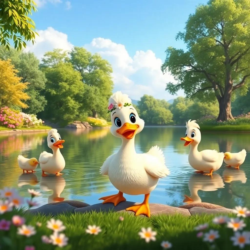 A beautiful duck named Farida, wearing a small flower crown, playing joyfully with her friends by a scenic lake surrounded by green trees and flowers, cheerful atmosphere, digital art, colorful, high quality