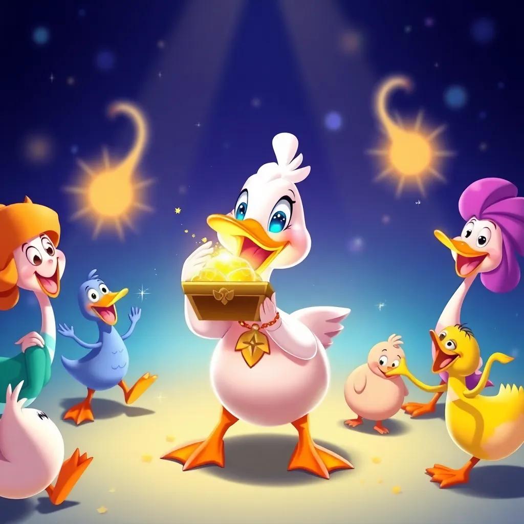 Farida, the beautiful duck holding a shiny treasure in her beak, surrounded by excited friends dancing around a treasure, vibrant colors, magical moment, joyful scene, illustration, child-friendly