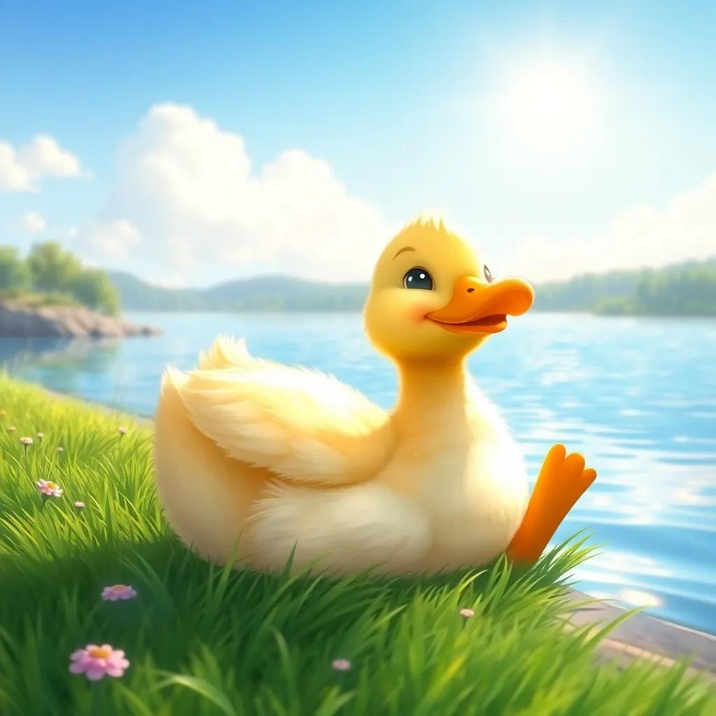 A lazy duck, with fluffy feathers, lounging on green grass by a beautiful lake, under a bright sky, digital art, soft colors, peaceful atmosphere, child-friendly