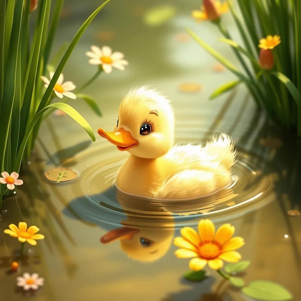 A cute duckling swimming playfully in a warm pond, surrounded by green reeds and bright flowers, cheerful atmosphere, digital art, vibrant colors, lively scene, high quality