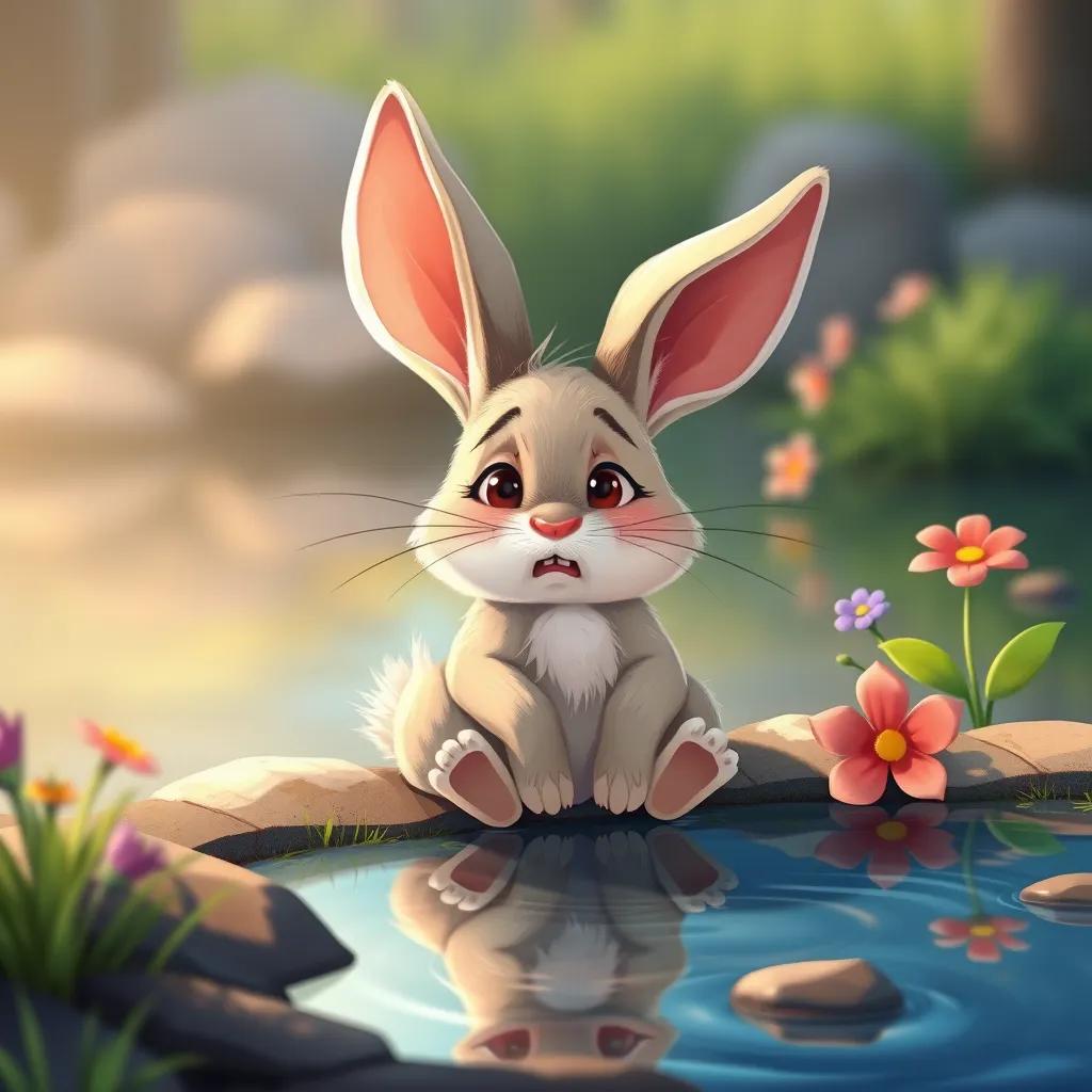 A frightened bunny sitting at the edge of the pond, looking nervously at the water, with floppy ears and soft fur, colorful flowers nearby, illustration, warm light, friendly feeling, high quality