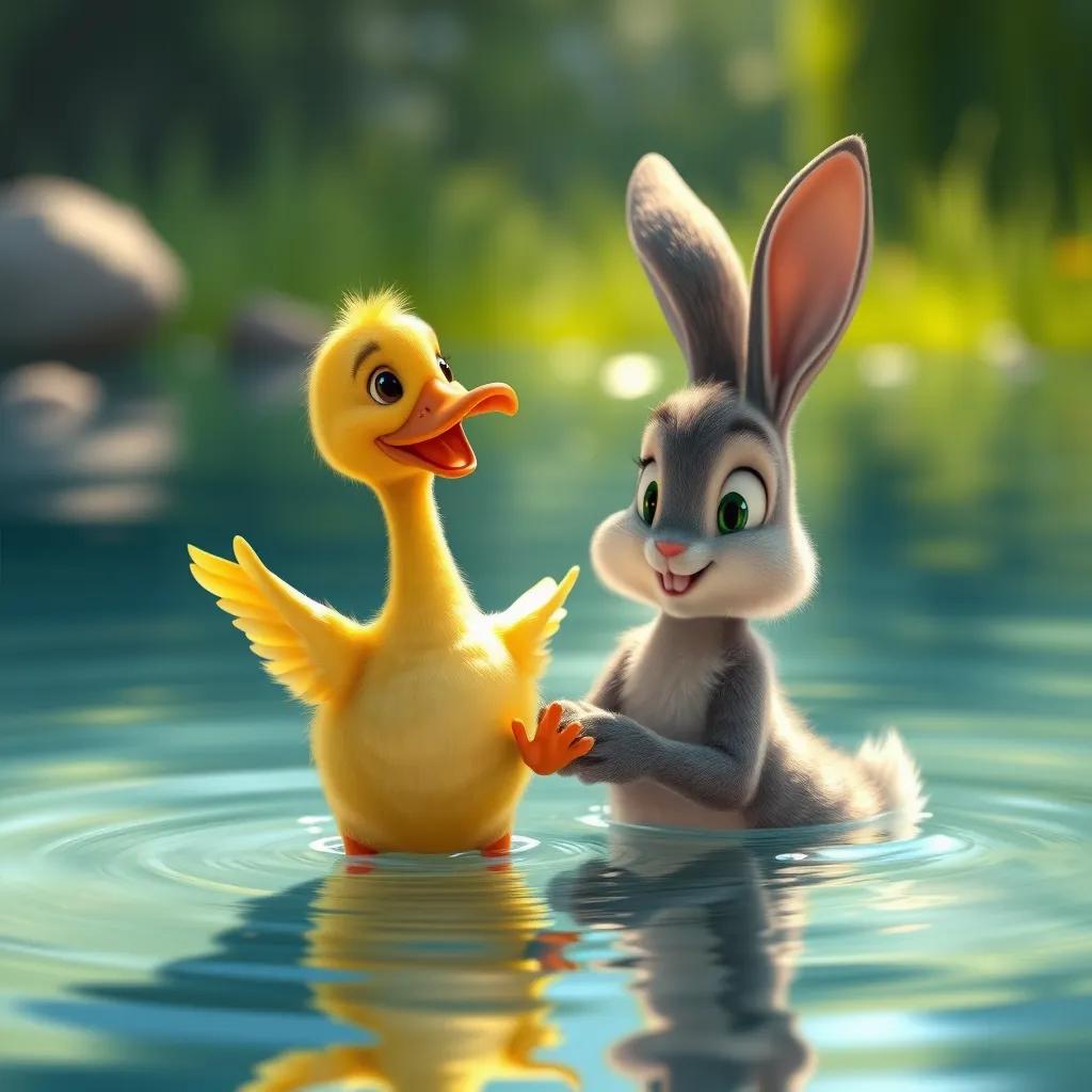 The duckling explaining swimming to the bunny, with the duck happily demonstrating in the water, the bunny looking curious, bright sunlight, fun and inviting, digital painting, detailed, child-friendly