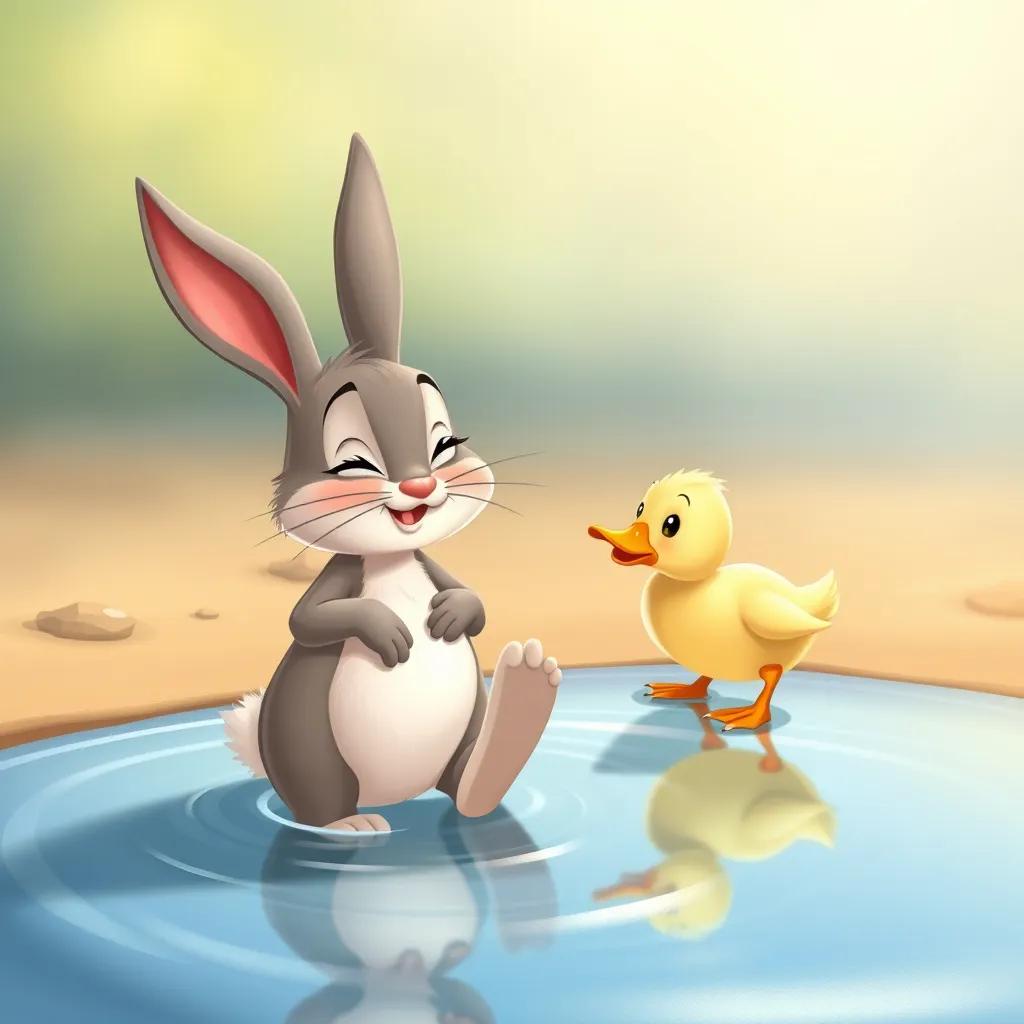 The bunny nervously trying to enter the water, one foot lifted as the duckling encourages him next to her, both characters in a cheerful setting, illustration, lighthearted, warm colors, high quality